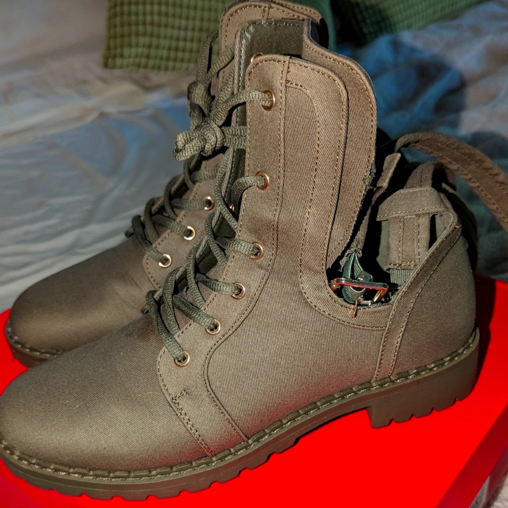 Army green. Open back ankle boots